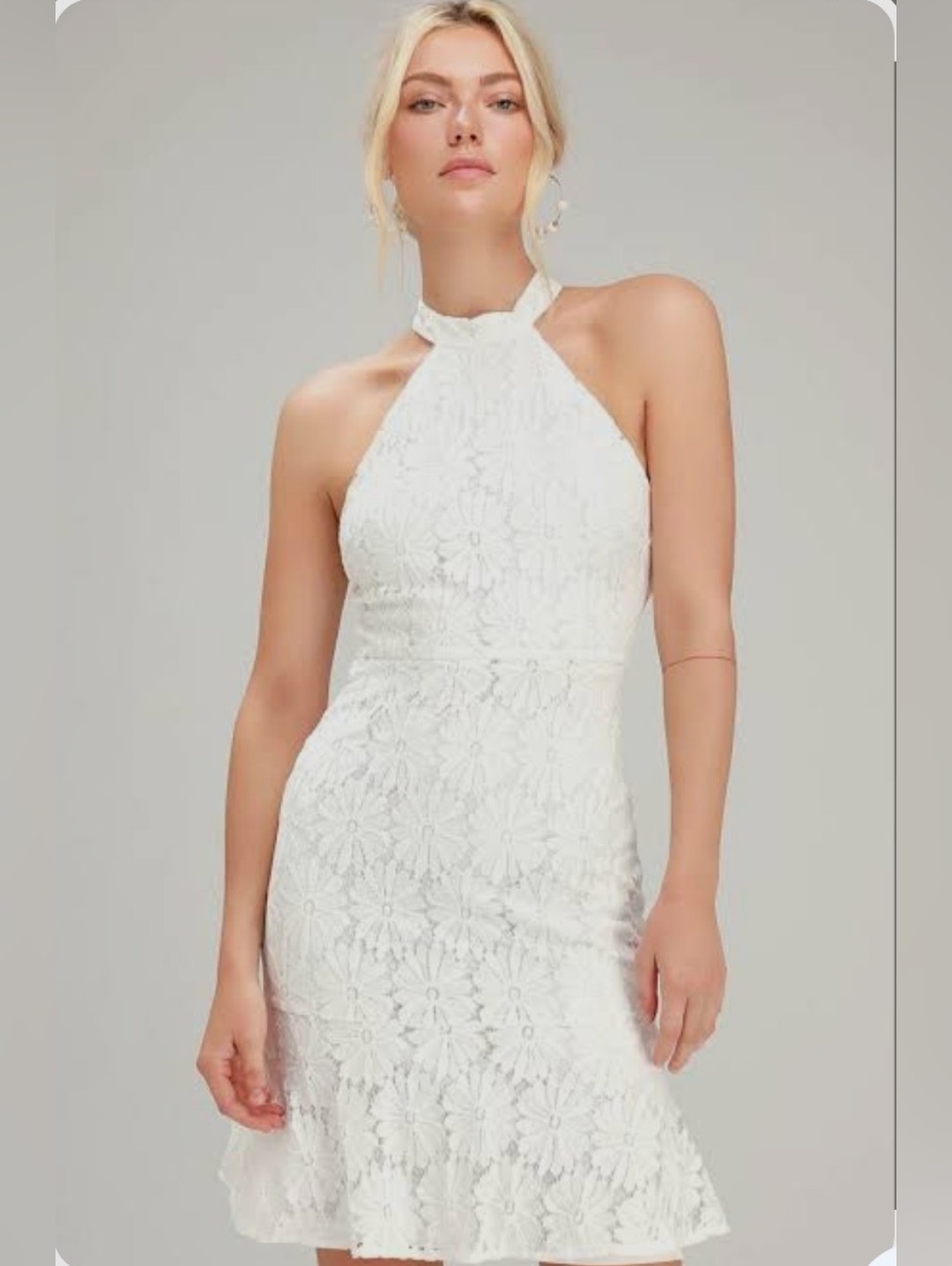 Lulu's Song Of The Night White Lace Overlay Thrumpet Hem Halter Medium Dress